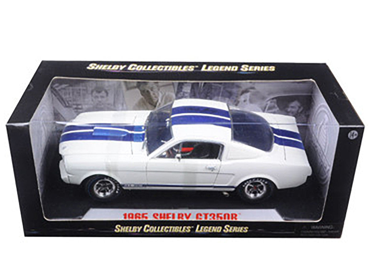 1965 Ford Mustang Shelby GT350R White with Blue Stripes and Printed Carroll Shelby's Signature on the Roof 1/18 Diecast Model Car by Shelby Collectibles LuxuryLifeWay Online Store