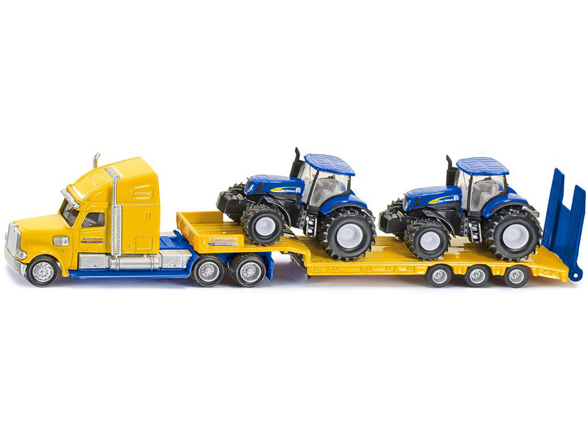 Tractor Truck Yellow with 2 New Holland T7070 Tractors Blue 1/87 (HO) Diecast Models by Siku LuxuryLifeWay Online Store
