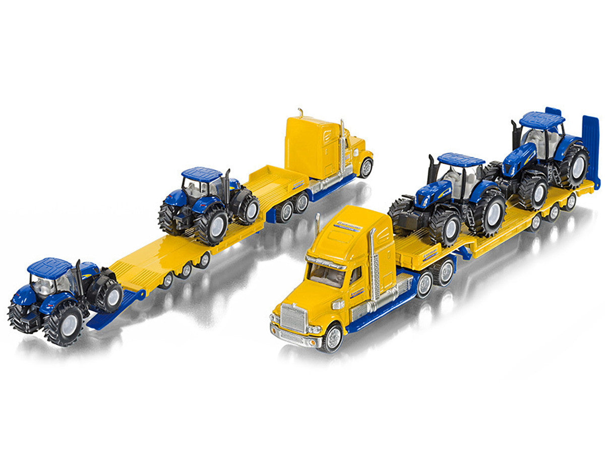 Tractor Truck Yellow with 2 New Holland T7070 Tractors Blue 1/87 (HO) Diecast Models by Siku LuxuryLifeWay Online Store