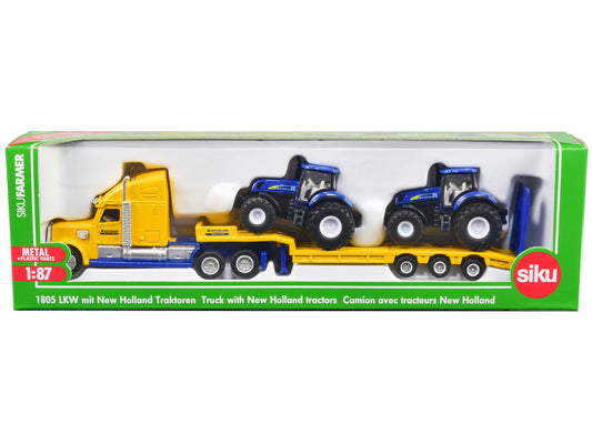 Tractor Truck Yellow with 2 New Holland T7070 Tractors Blue 1/87 (HO) Diecast Models by Siku LuxuryLifeWay Online Store