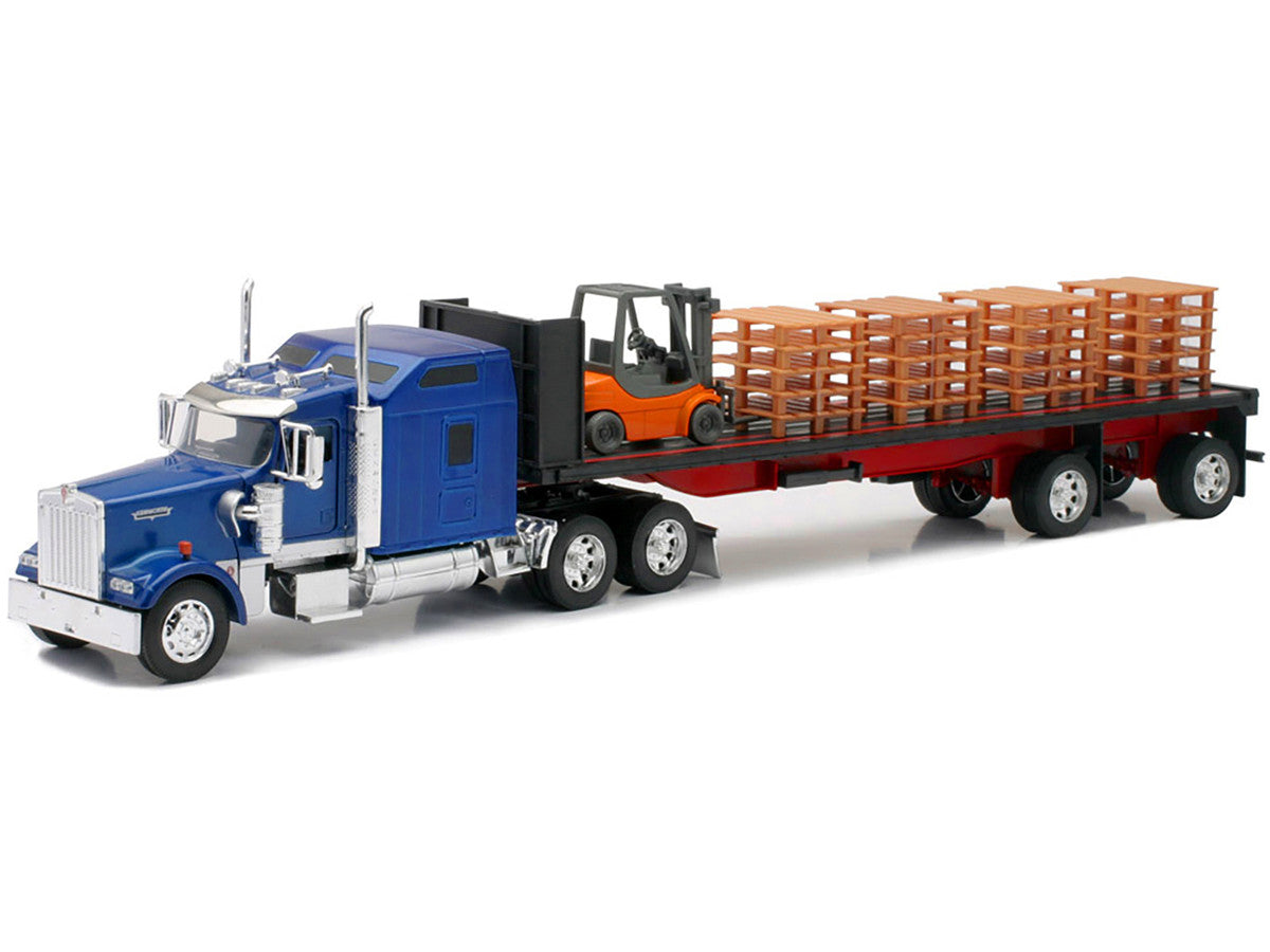 Kenworth W900 Truck with Flatbed Trailer Blue with Forklift and Pallets "Long Haul Truckers" Series 1/32 Diecast Model by New Ray LuxuryLifeWay Online Store