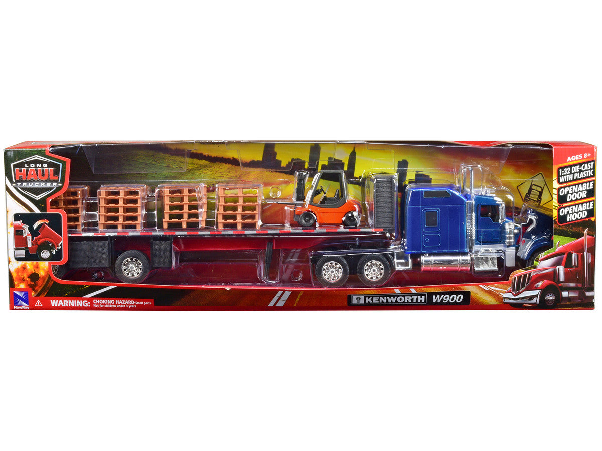 Kenworth W900 Truck with Flatbed Trailer Blue with Forklift and Pallets "Long Haul Truckers" Series 1/32 Diecast Model by New Ray LuxuryLifeWay Online Store