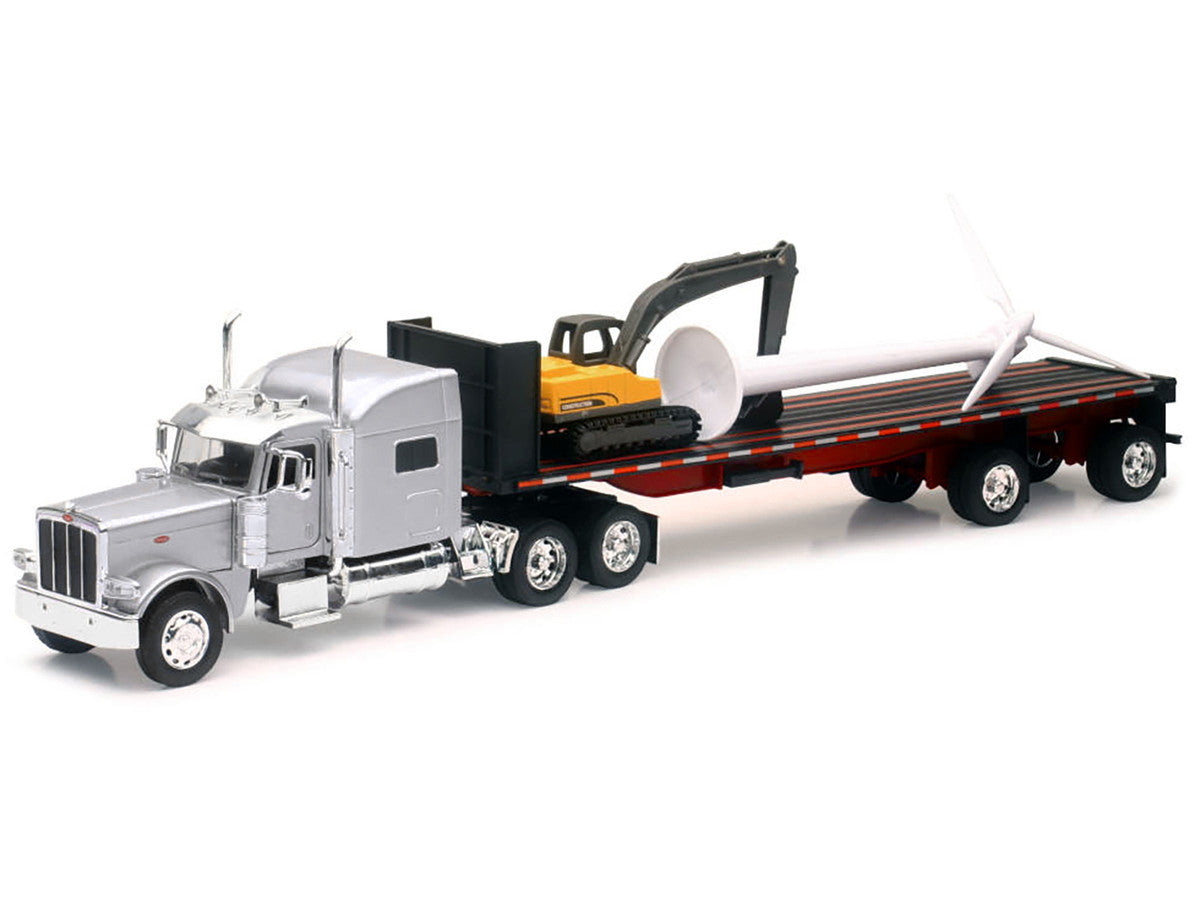 Peterbilt 389 Truck with Flatbed Trailer Silver Metallic with Excavator and Wind Turbine "Long Haul Truckers" Series 1/32 Diecast Model by New Ray LuxuryLifeWay Online Store