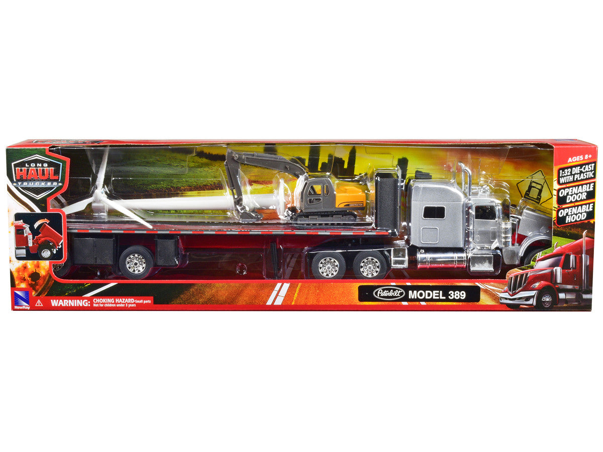 Peterbilt 389 Truck with Flatbed Trailer Silver Metallic with Excavator and Wind Turbine "Long Haul Truckers" Series 1/32 Diecast Model by New Ray LuxuryLifeWay Online Store