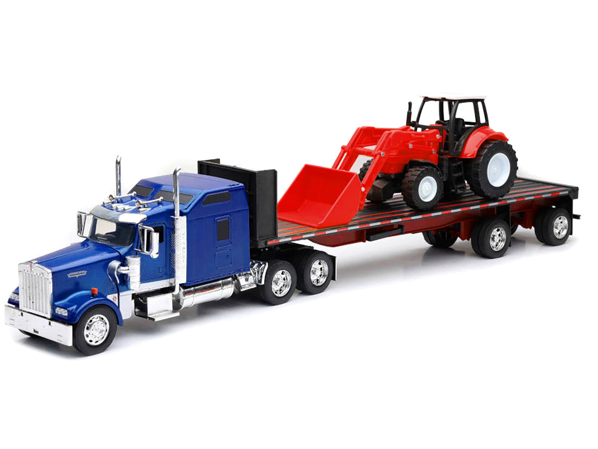 Kenworth W900 Truck with Flatbed Trailer Blue Metallic with Farm Tractor Red "Long Haul Truckers" Series 1/32 Diecast Model by New Ray LuxuryLifeWay Online Store