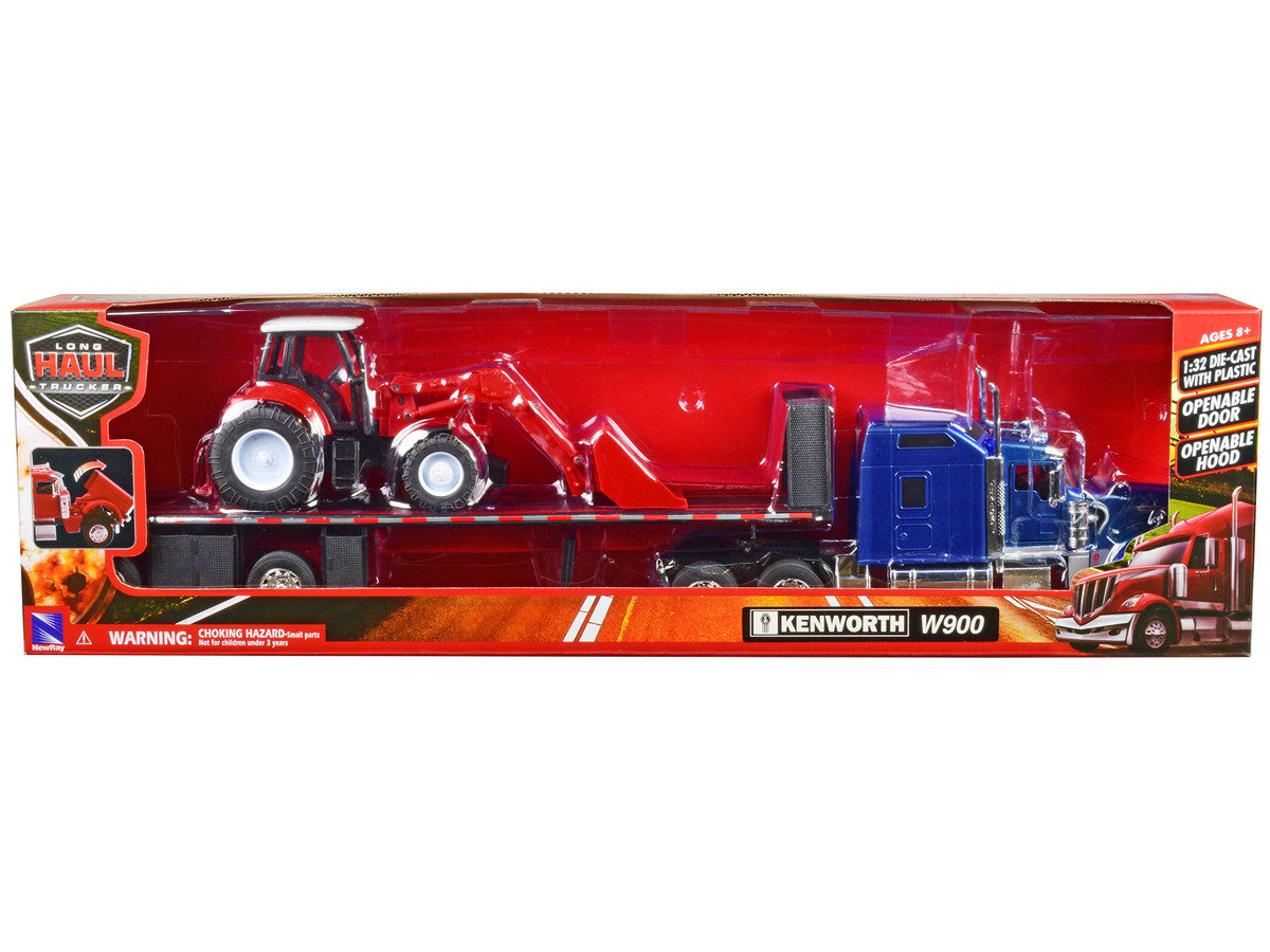Kenworth W900 Truck with Flatbed Trailer Blue Metallic with Farm Tractor Red "Long Haul Truckers" Series 1/32 Diecast Model by New Ray LuxuryLifeWay Online Store