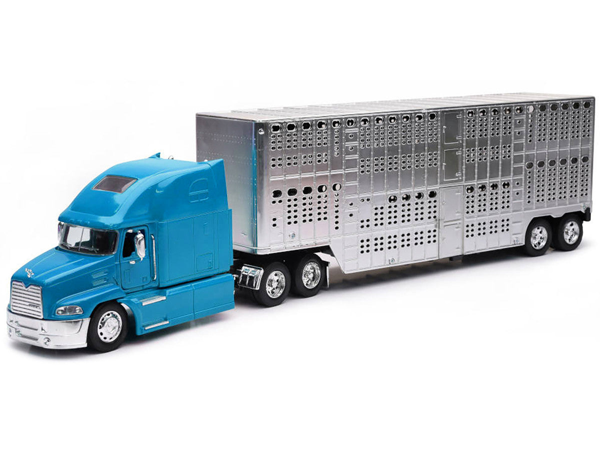 Mack Pinnacle Truck with Pot Belly Livestock Trailer Blue and Chrome "Long Haul Truckers" Series 1/32 Diecast Model by New Ray LuxuryLifeWay Online Store