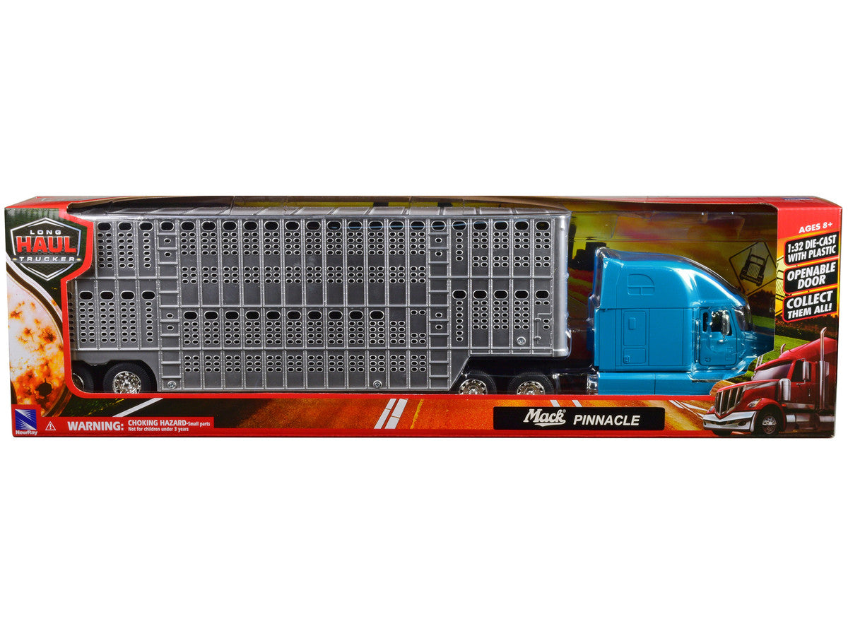 Mack Pinnacle Truck with Pot Belly Livestock Trailer Blue and Chrome "Long Haul Truckers" Series 1/32 Diecast Model by New Ray LuxuryLifeWay Online Store