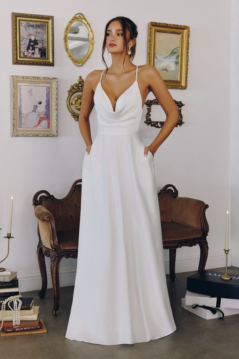 Wedding A-Line, Soft Satin, Draped Cowl Neckline with Spaghetti Straps LuxuryLifeWay Online Store