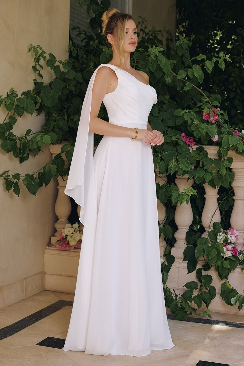 Flowing chiffon gown, one-shoulder neckline A-line LuxuryLifeWay Online Store