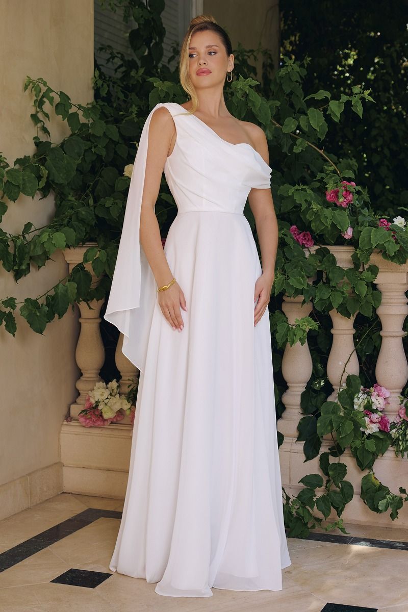 Flowing chiffon gown, one-shoulder neckline A-line LuxuryLifeWay Online Store