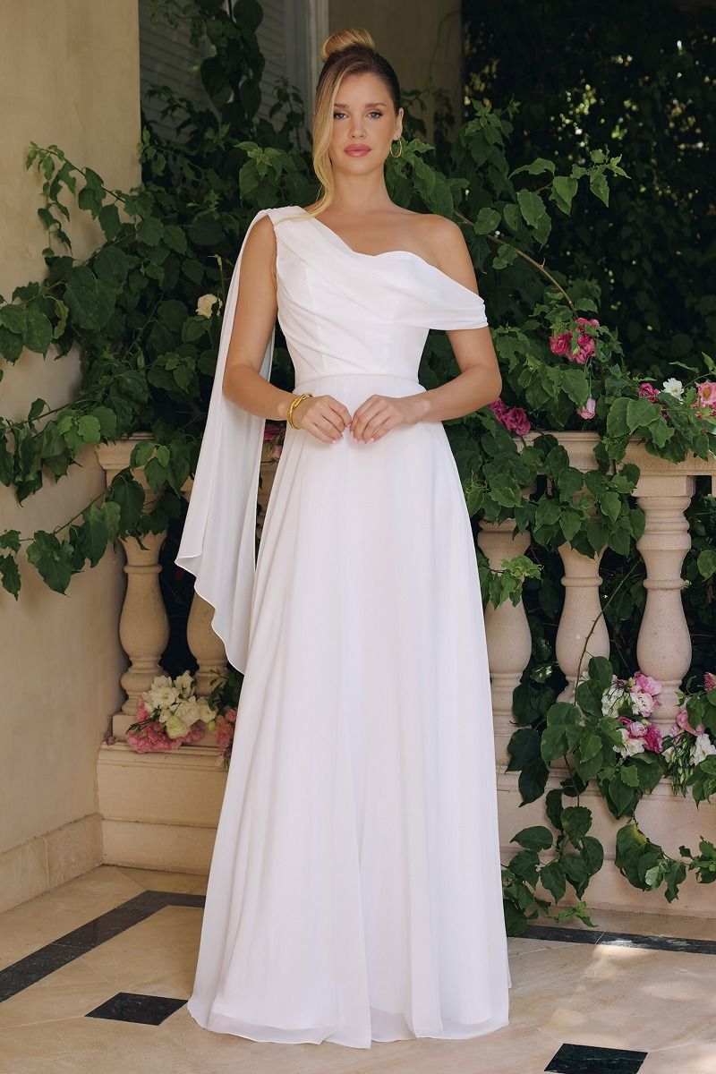 Flowing chiffon gown, one-shoulder neckline A-line LuxuryLifeWay Online Store
