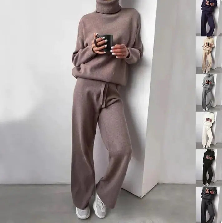 Casual Fashion Suits For Women Turtleneck Sweater And Drawstring Straight Pants