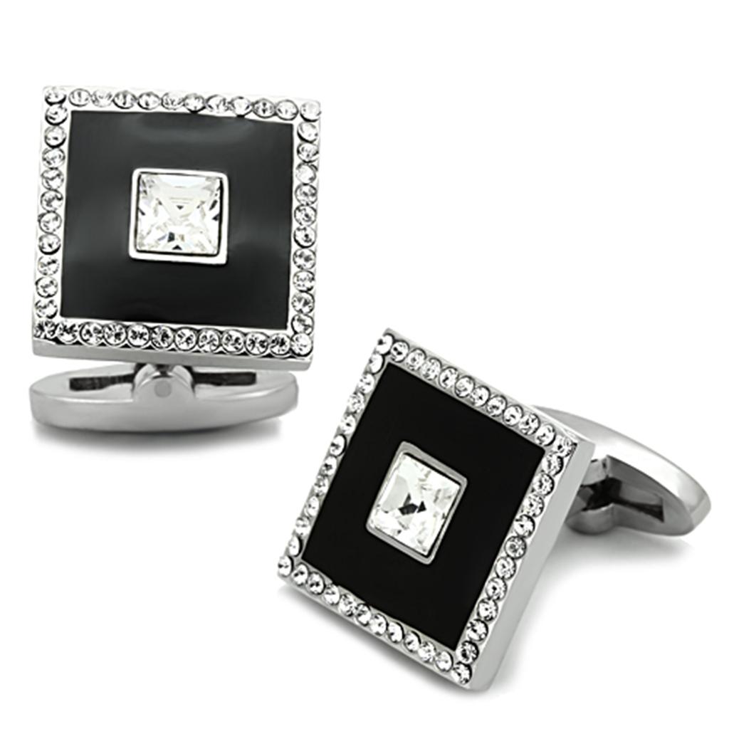 TK1242 - High polished (no plating) Stainless Steel Cufflink with Top Grade Crystal  in Clear LuxuryLifeWay Online Store