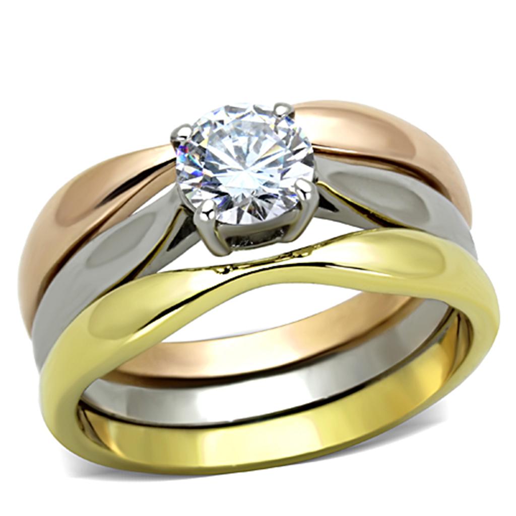 TK1278 - Three Tone (IP Gold & IP Rose Gold & High Polished) Stainless Steel Ring with AAA Grade CZ  in Clear LuxuryLifeWay Online Store