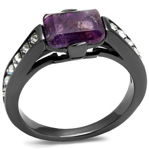 TK2832 - IP Light Black  (IP Gun) Stainless Steel Ring with Precious Stone Amethyst Crystal in Amethyst LuxuryLifeWay Online Store