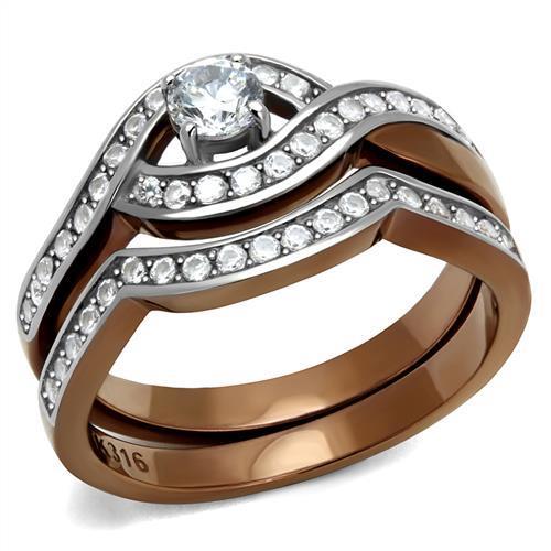 TK2953 - Two Tone IP Light Brown (IP Light coffee) Stainless Steel Ring with AAA Grade CZ  in Clear LuxuryLifeWay Online Store