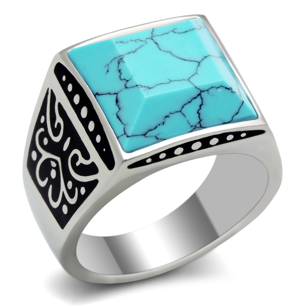 TK304 - High polished (no plating) Stainless Steel Ring with Synthetic Turquoise in Sea Blue LuxuryLifeWay Online Store