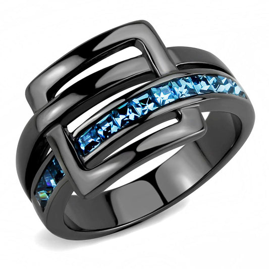 TK3451 - IP Light Black  (IP Gun) Stainless Steel Ring with Top Grade Crystal  in Sea Blue LuxuryLifeWay Online Store