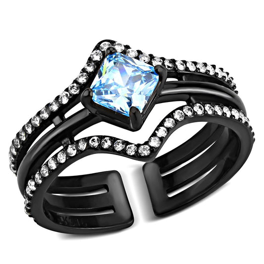 TK3562 - IP Black(Ion Plating) Stainless Steel Ring with AAA Grade CZ  in Sea Blue LuxuryLifeWay Online Store