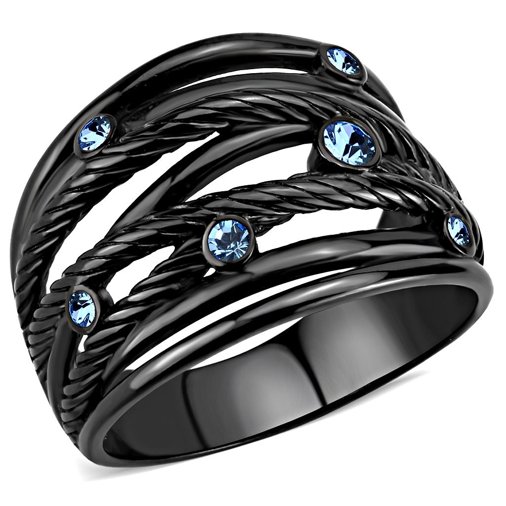 TK3564 - IP Black(Ion Plating) Stainless Steel Ring with Top Grade Crystal  in Sea Blue LuxuryLifeWay Online Store