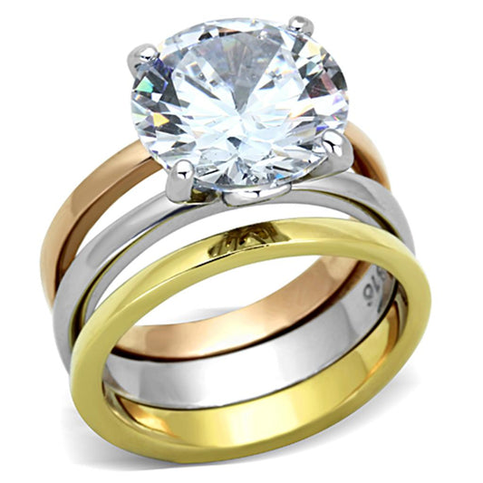 TK963 - Three Tone (IP Gold & IP Rose Gold & High Polished) Stainless Steel Ring with AAA Grade CZ  in Clear LuxuryLifeWay Online Store