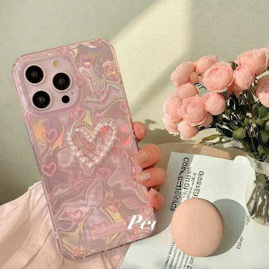 Romantic Pink Heart Butterfly Lustre Lining Hard Case for iPhone 16 Plus 15 Pro 14 Pro Max 13 12 11 - Stylish Protective Phone Cover LuxuryLifeWay Online Store