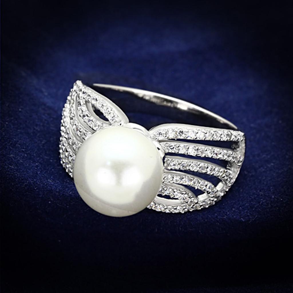 TS169 - Rhodium 925 Sterling Silver Ring with Synthetic Pearl in White LuxuryLifeWay Online Store