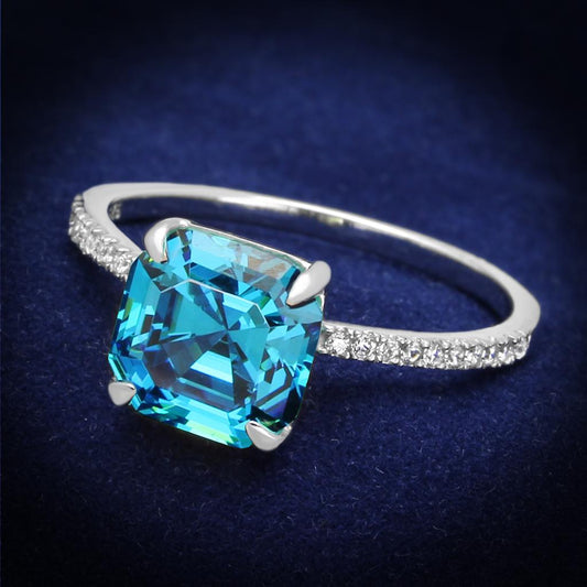 TS178 - Rhodium 925 Sterling Silver Ring with Cubic  in Sea Blue LuxuryLifeWay Online Store