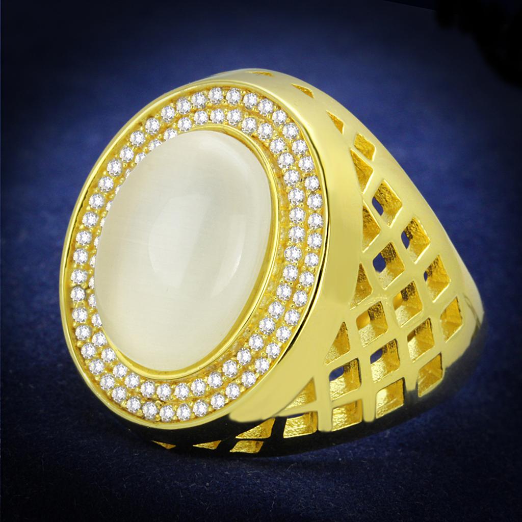 TS244 - Gold 925 Sterling Silver Ring with Synthetic Cat Eye in White LuxuryLifeWay Online Store