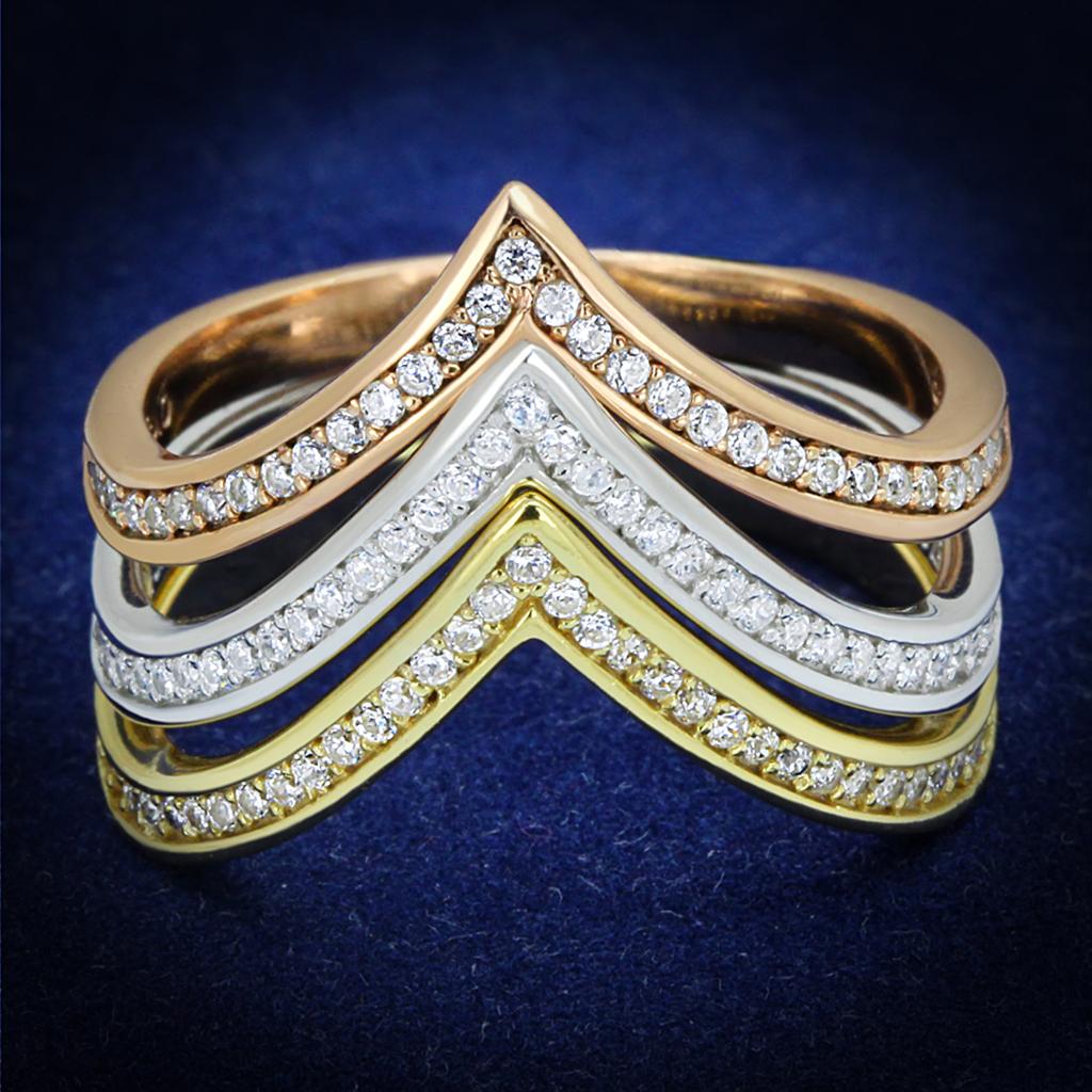 TS416 - Rhodium + Gold + Rose Gold 925 Sterling Silver Ring with AAA Grade CZ  in Clear LuxuryLifeWay Online Store