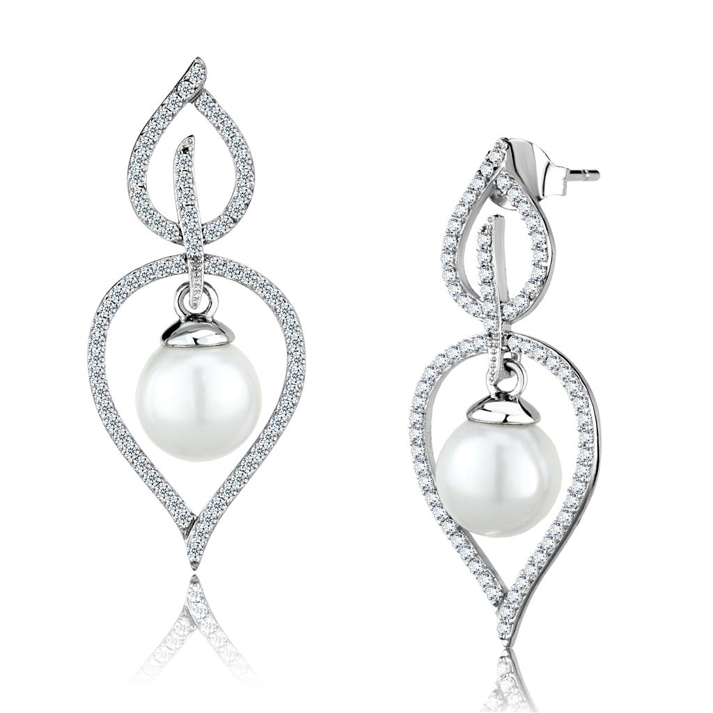 TS510 - Rhodium 925 Sterling Silver Earrings with Semi-Precious Glass Bead in White LuxuryLifeWay Online Store