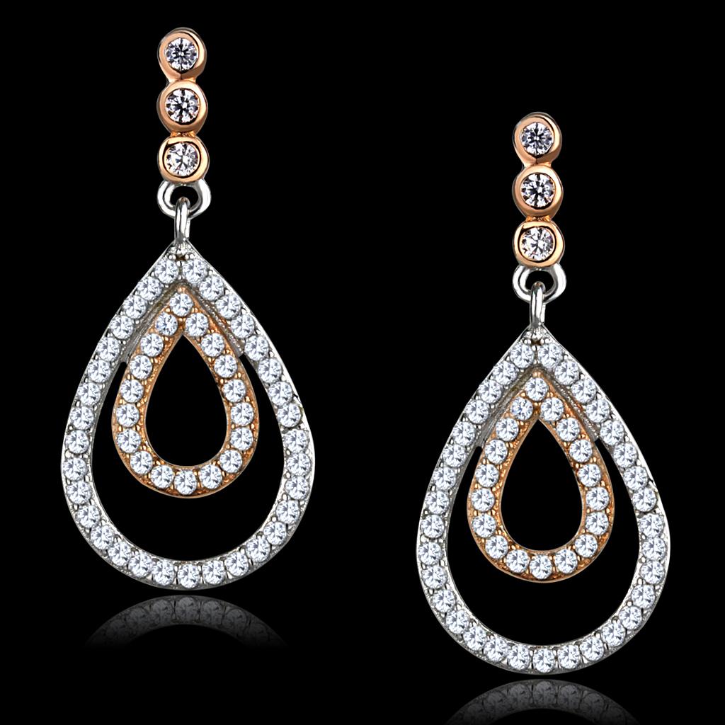 TS548 - Rose Gold + Rhodium 925 Sterling Silver Earrings with AAA Grade CZ  in Clear LuxuryLifeWay Online Store