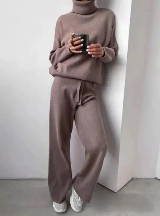 Casual Fashion Suits For Women Turtleneck Sweater And Drawstring Straight Pants