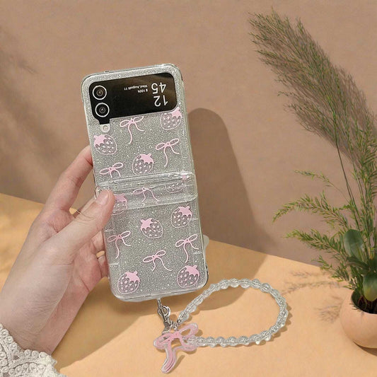 Cute Bow Strawberry Glitter Phone Case with Card Holder and Bracelet for Samsung Galaxy Z Flip 3 4 5 6 - Stylish Protective Cover LuxuryLifeWay Online Store