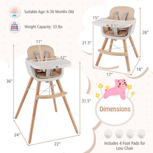 Babyjoy 6-in-1 Convertible Wooden Highchair with Safety Harness and Adjustable Legs-Light Brown LuxuryLifeWay Online Store