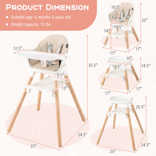 Babyjoy 6 in 1 Convertible Highchair with Safety Harness and Removable Tray-Beige LuxuryLifeWay Online Store