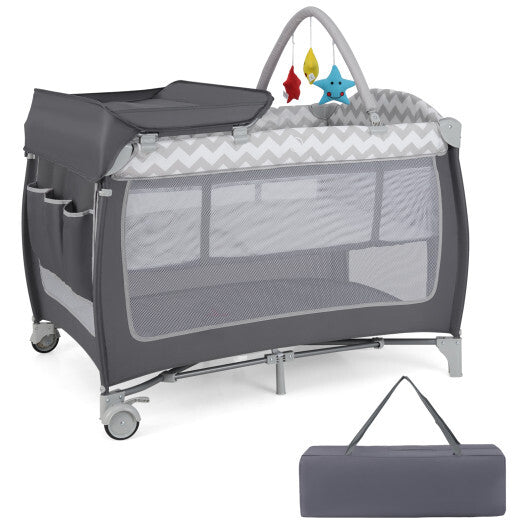 Babyjoy 3-in-1 Portable Baby Playard with Zippered Door and Toy Bar-Gray LuxuryLifeWay Online Store