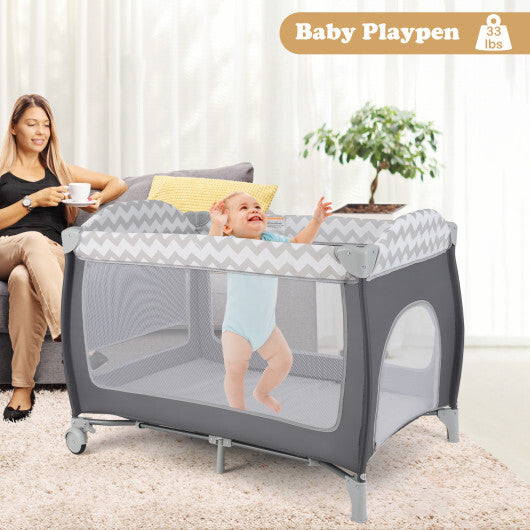 Babyjoy 3-in-1 Portable Baby Playard with Zippered Door and Toy Bar-Gray LuxuryLifeWay Online Store