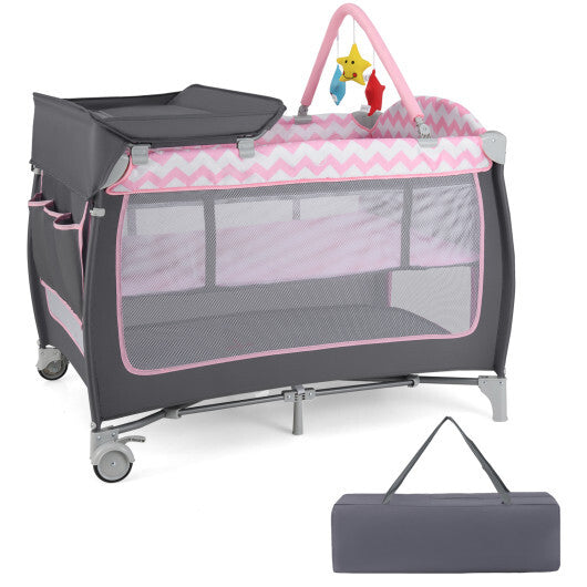 Babyjoy 3-in-1 Portable Baby Playard with Zippered Door and Toy Bar-Pink LuxuryLifeWay Online Store