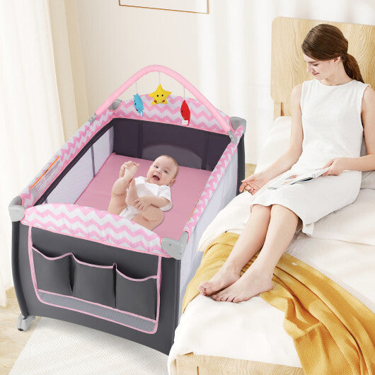Babyjoy 3-in-1 Portable Baby Playard with Zippered Door and Toy Bar-Pink LuxuryLifeWay Online Store