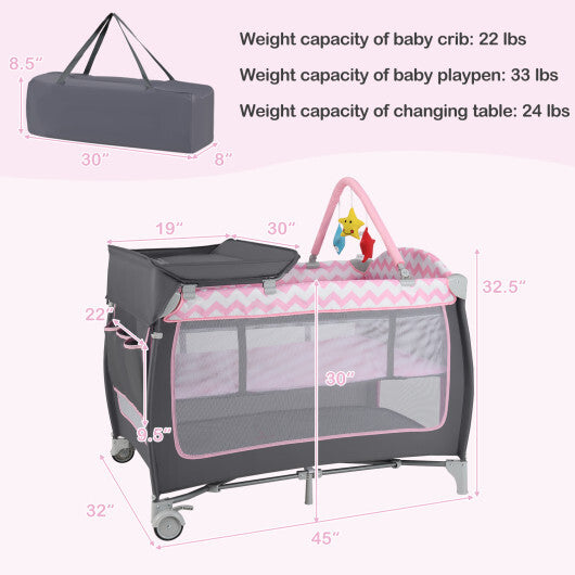Babyjoy 3-in-1 Portable Baby Playard with Zippered Door and Toy Bar-Pink LuxuryLifeWay Online Store