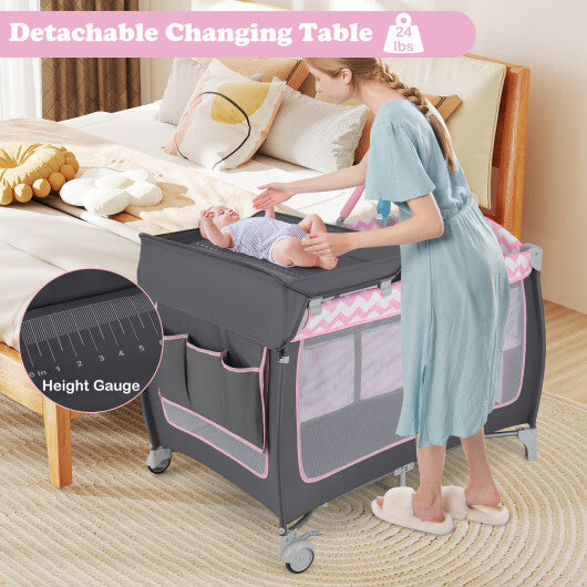 Babyjoy 3-in-1 Portable Baby Playard with Zippered Door and Toy Bar-Pink LuxuryLifeWay Online Store