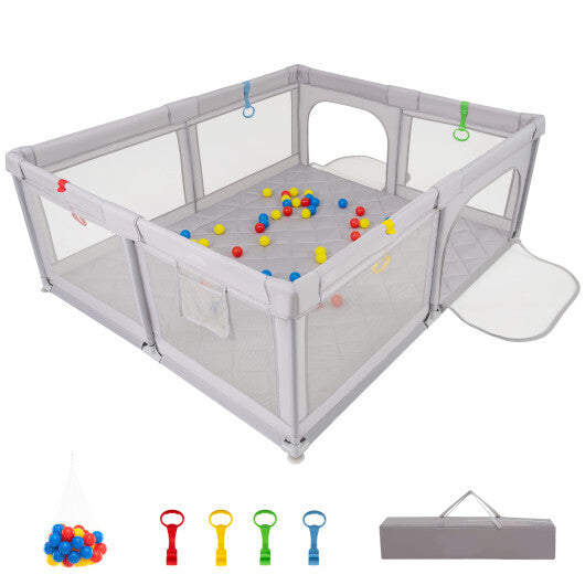 Costway Large Baby Playpen with Pull Rings and Ocean Balls-Gray LuxuryLifeWay Online Store