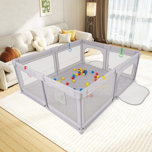 Costway Large Baby Playpen with Pull Rings and Ocean Balls-Gray LuxuryLifeWay Online Store
