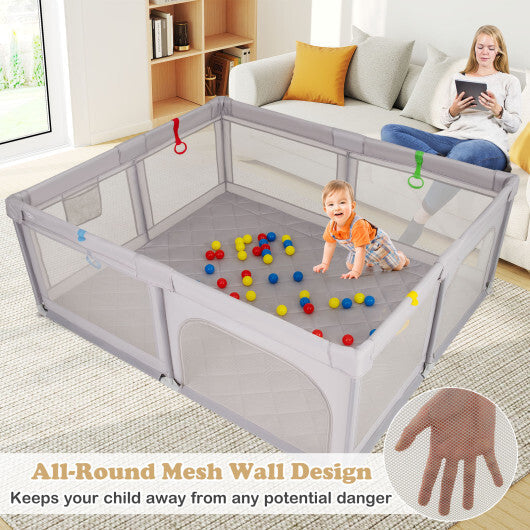 Costway Large Baby Playpen with Pull Rings and Ocean Balls-Gray LuxuryLifeWay Online Store