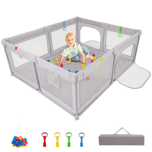 Costway Large Baby Playpen with Pull Rings and Ocean Balls-Gray LuxuryLifeWay Online Store