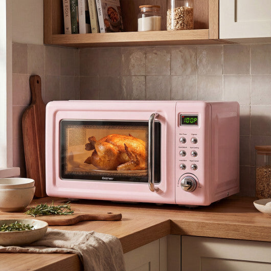 Costway 700W Retro Countertop Microwave Oven with 5 Micro Power and Auto Cooking Function-Pink LuxuryLifeWay Online Store