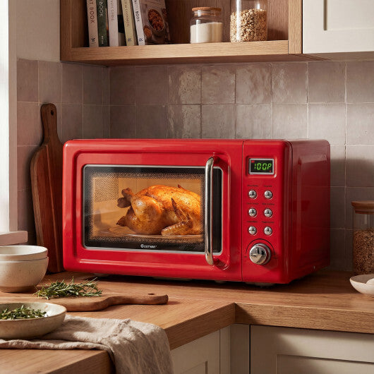 Costway 700W Retro Countertop Microwave Oven with 5 Micro Power and Auto Cooking Function-Light Red LuxuryLifeWay Online Store