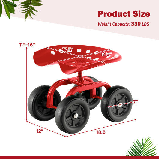 Costway Garden Rolling Workseat with 360 Swivel Seat and Adjustable Height-Red LuxuryLifeWay Online Store